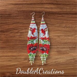 Hummingbirds over Flowers Beaded Earrings with Fringe, New, Handmade by Me